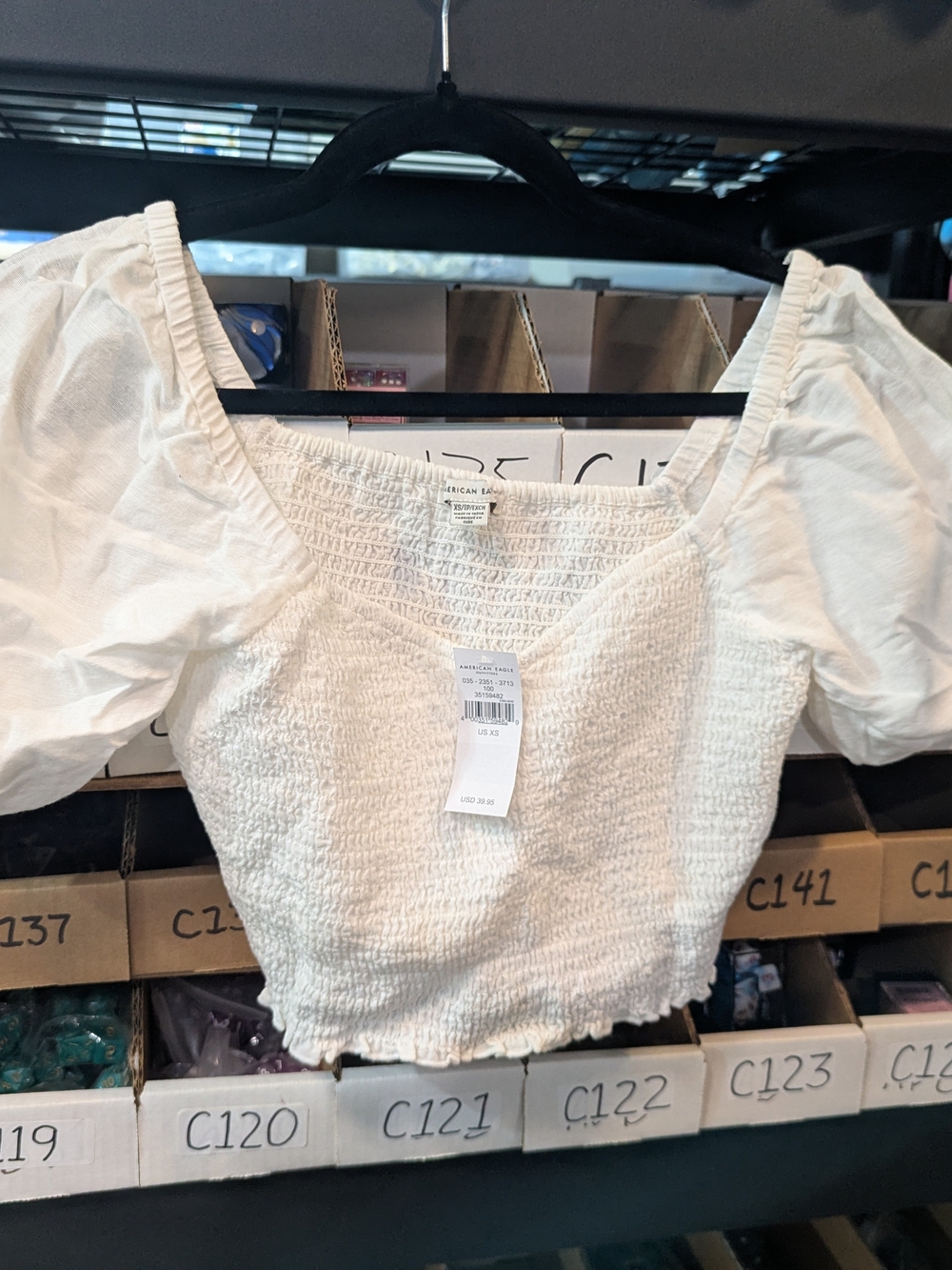American Eagle Outfitters White Smocked Puff-Sleeve Crop Top | XS